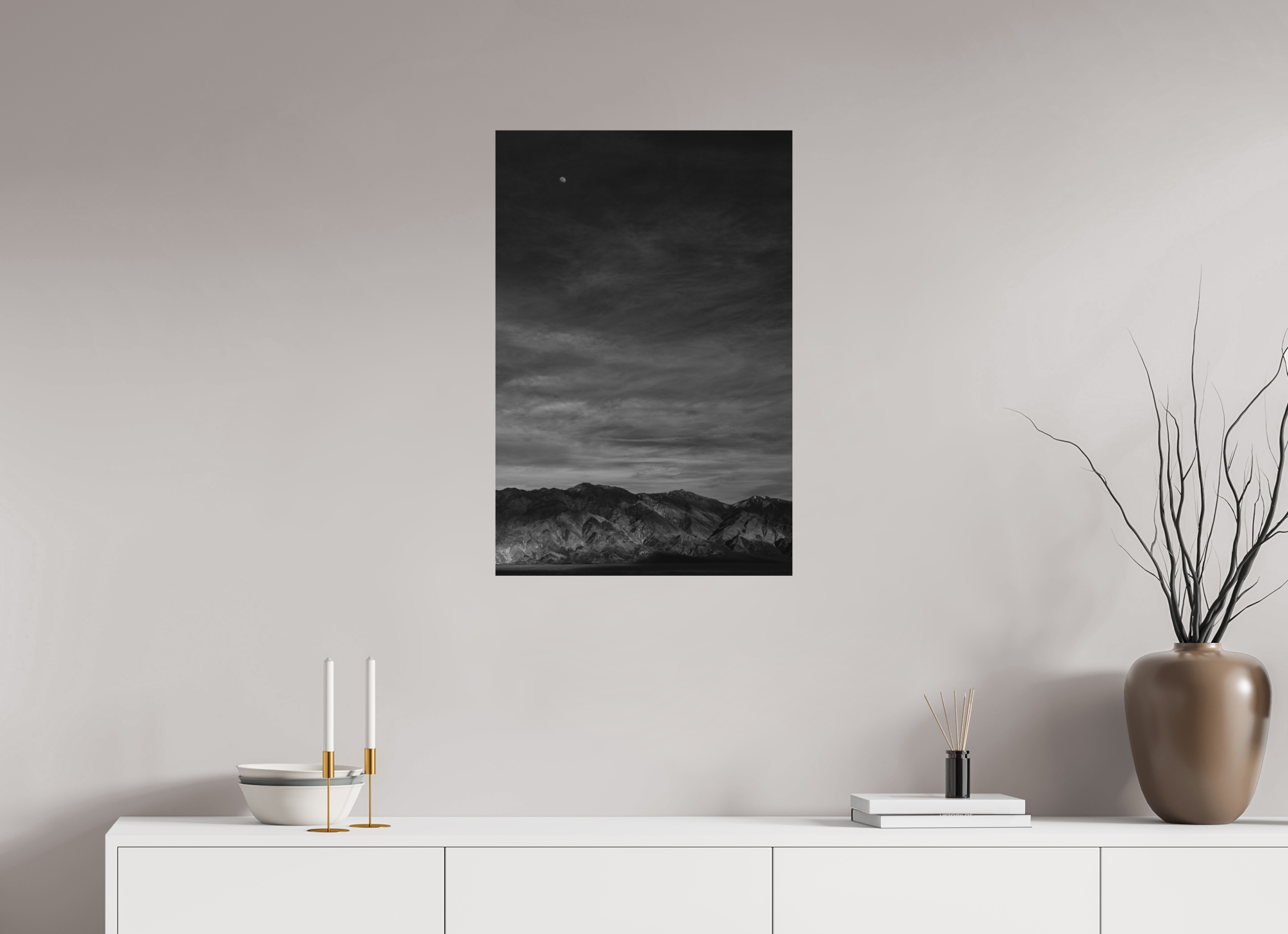 20 x 30″, Metal Moon and Mountains, White Mountains