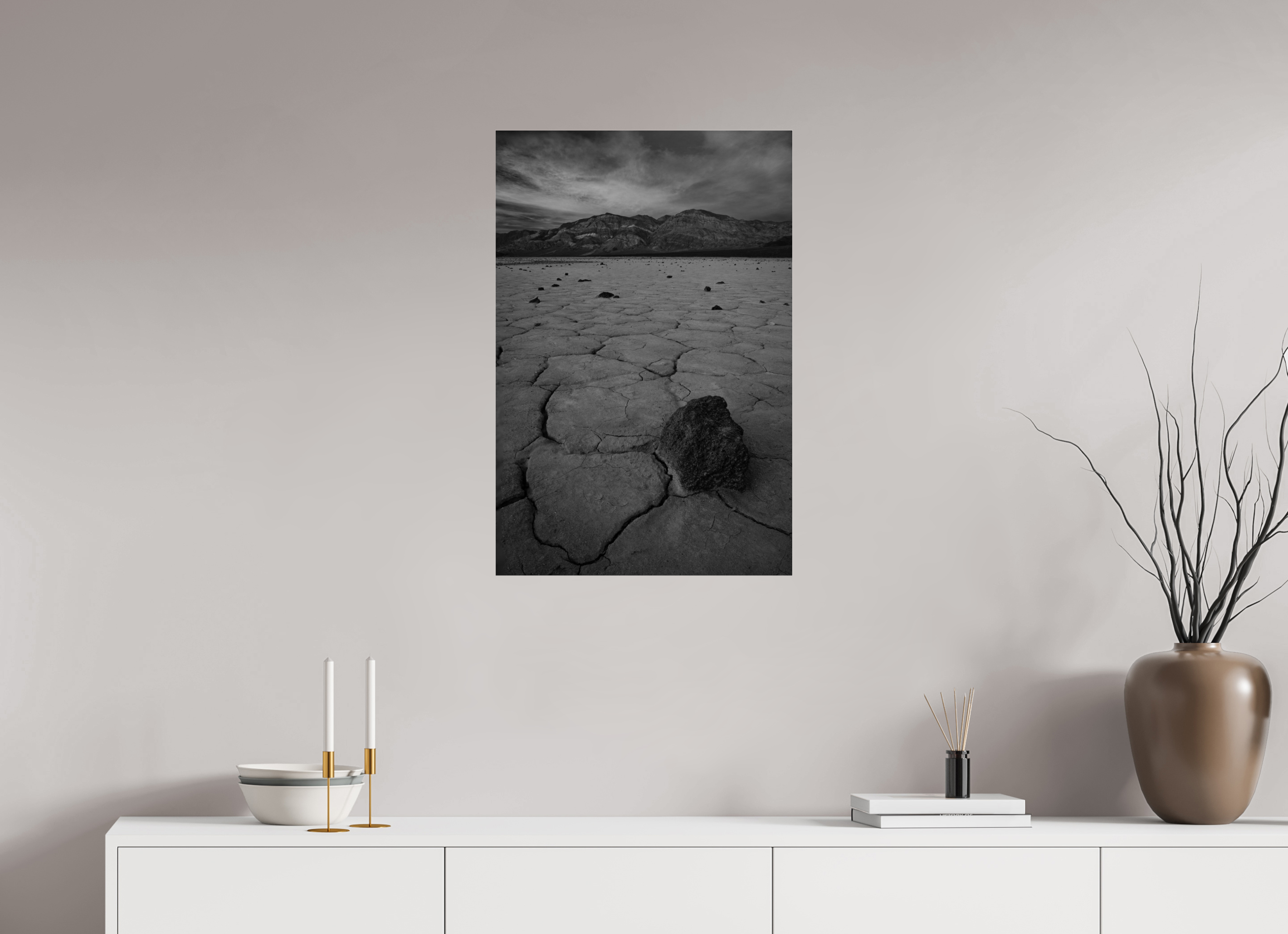 20 x 30″, acrylic Cracked Earth, Panamint Valley Sunset