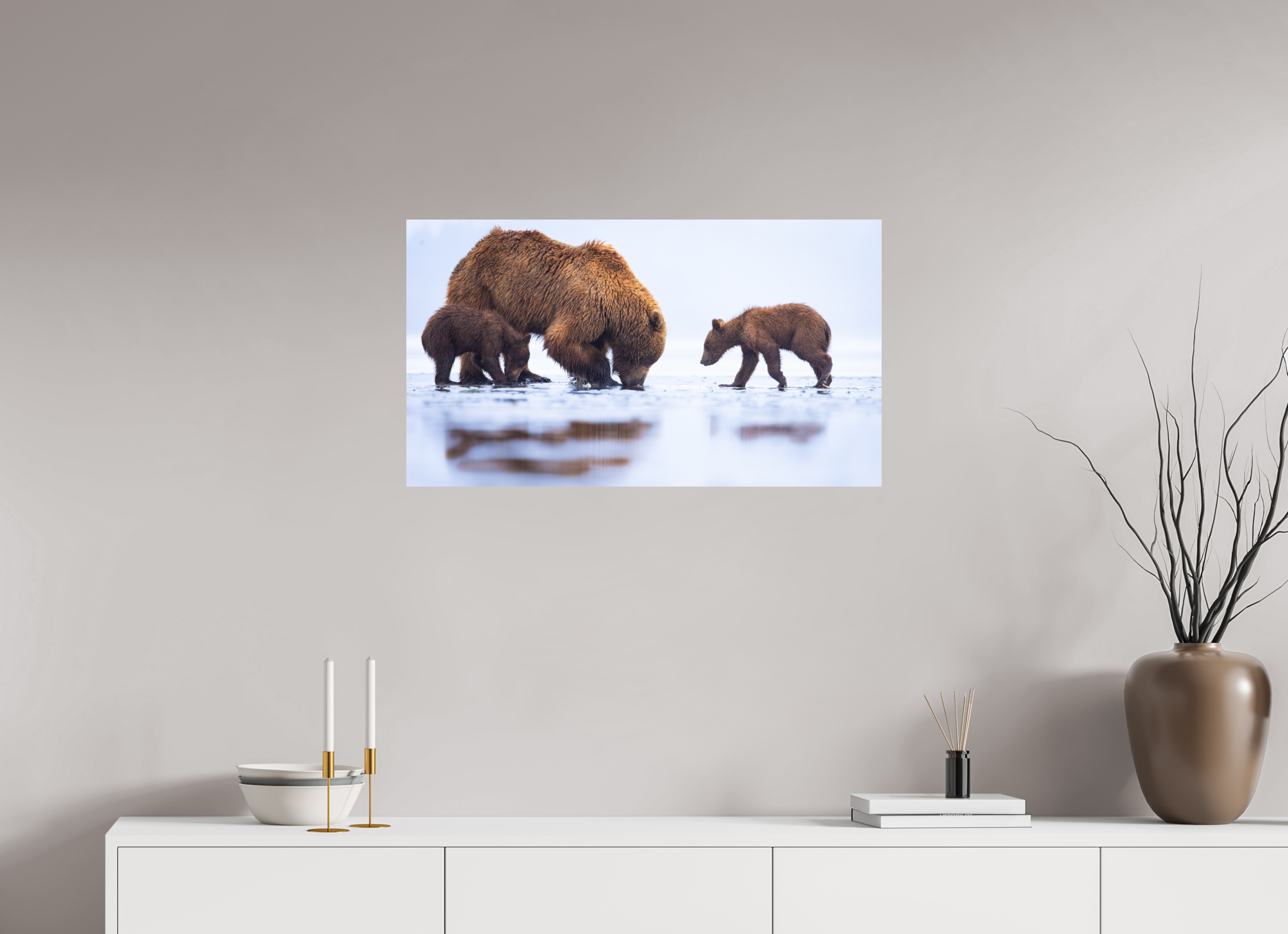 32 x 18″, Metal First Lesson — Brown Bear & Cubs, Lake Clark National Park, Alaska