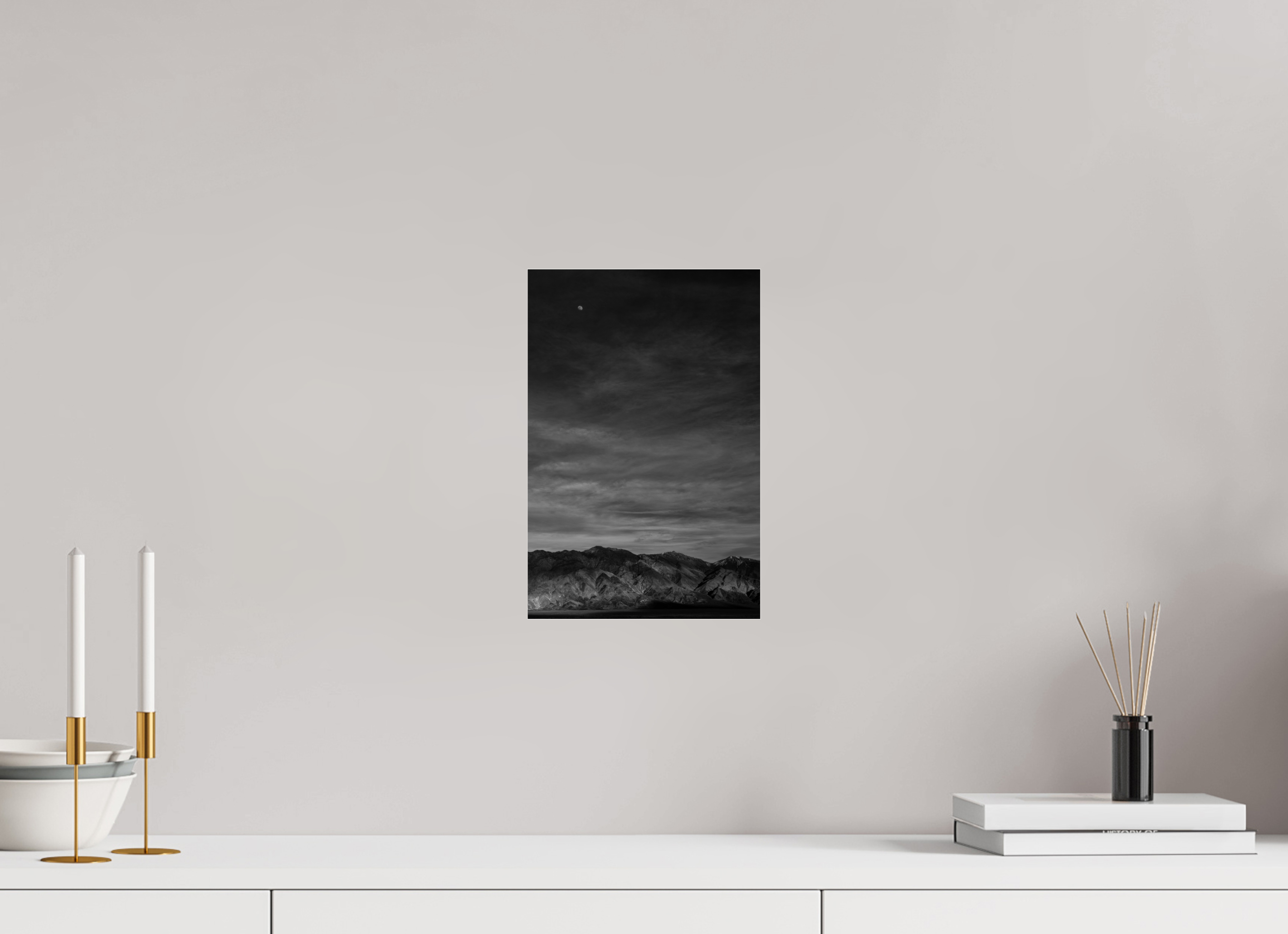 8 x 12″, acrylic Moon and Mountains, White Mountains