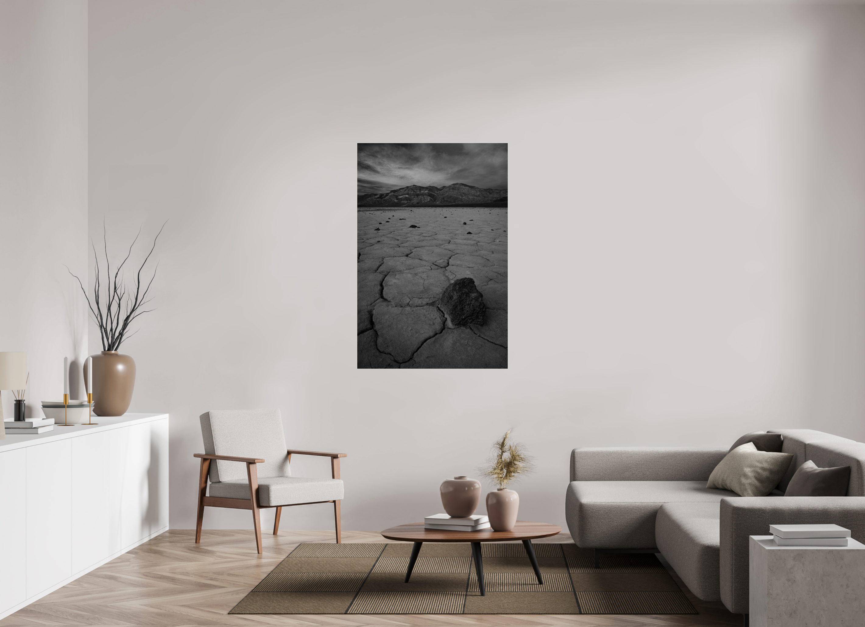 36 x 54″, acrylic Cracked Earth, Panamint Valley Sunset