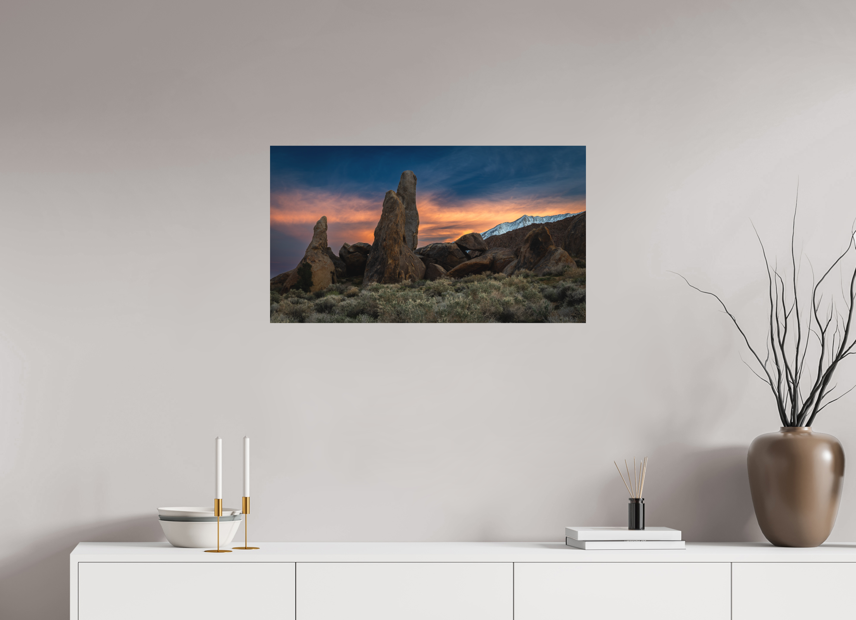 32 x 18″, Metal Shark Fin Sunset, Alabama Hills