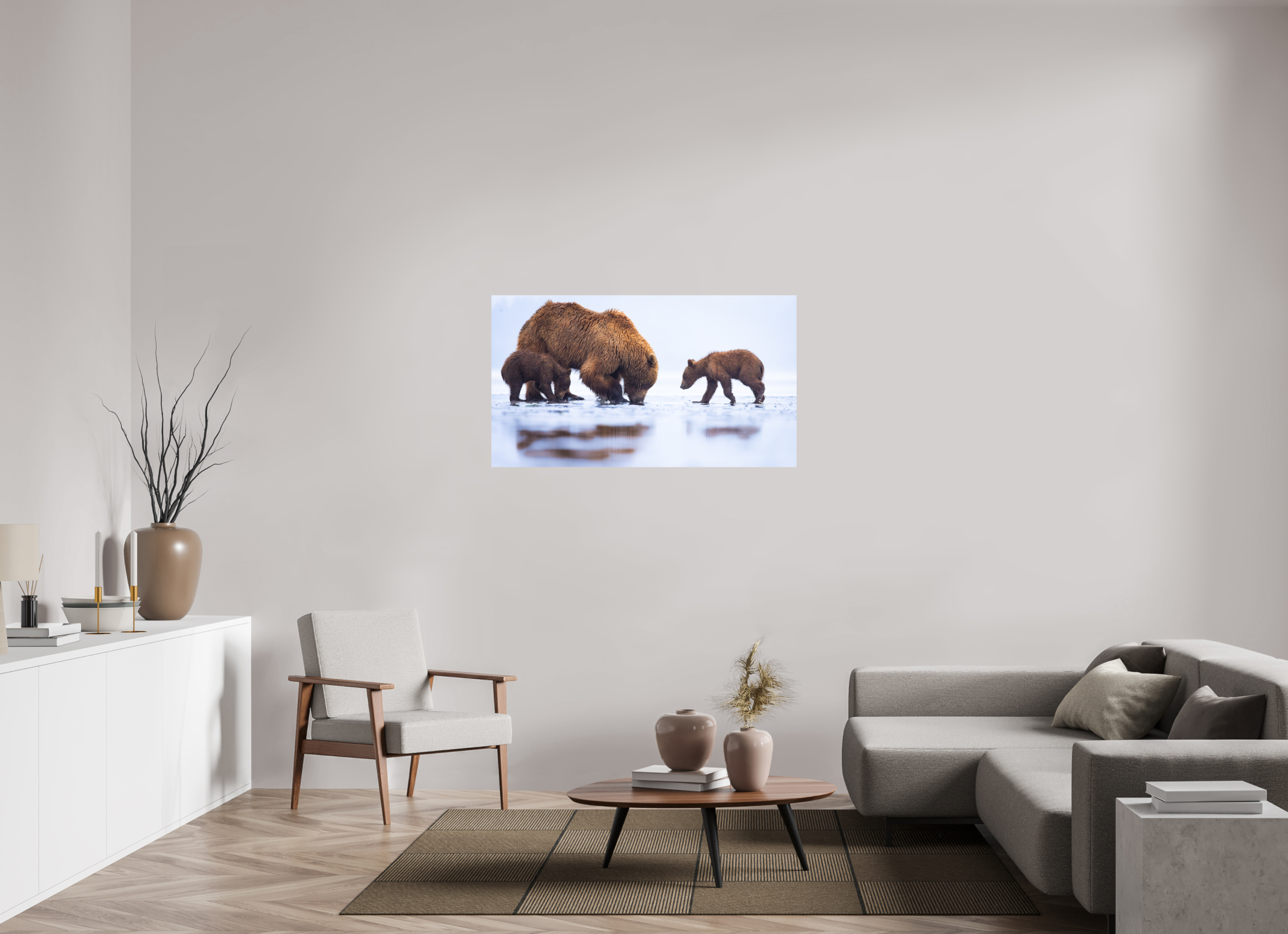 49 x 27.6″, Metal First Lesson — Brown Bear & Cubs, Lake Clark National Park, Alaska