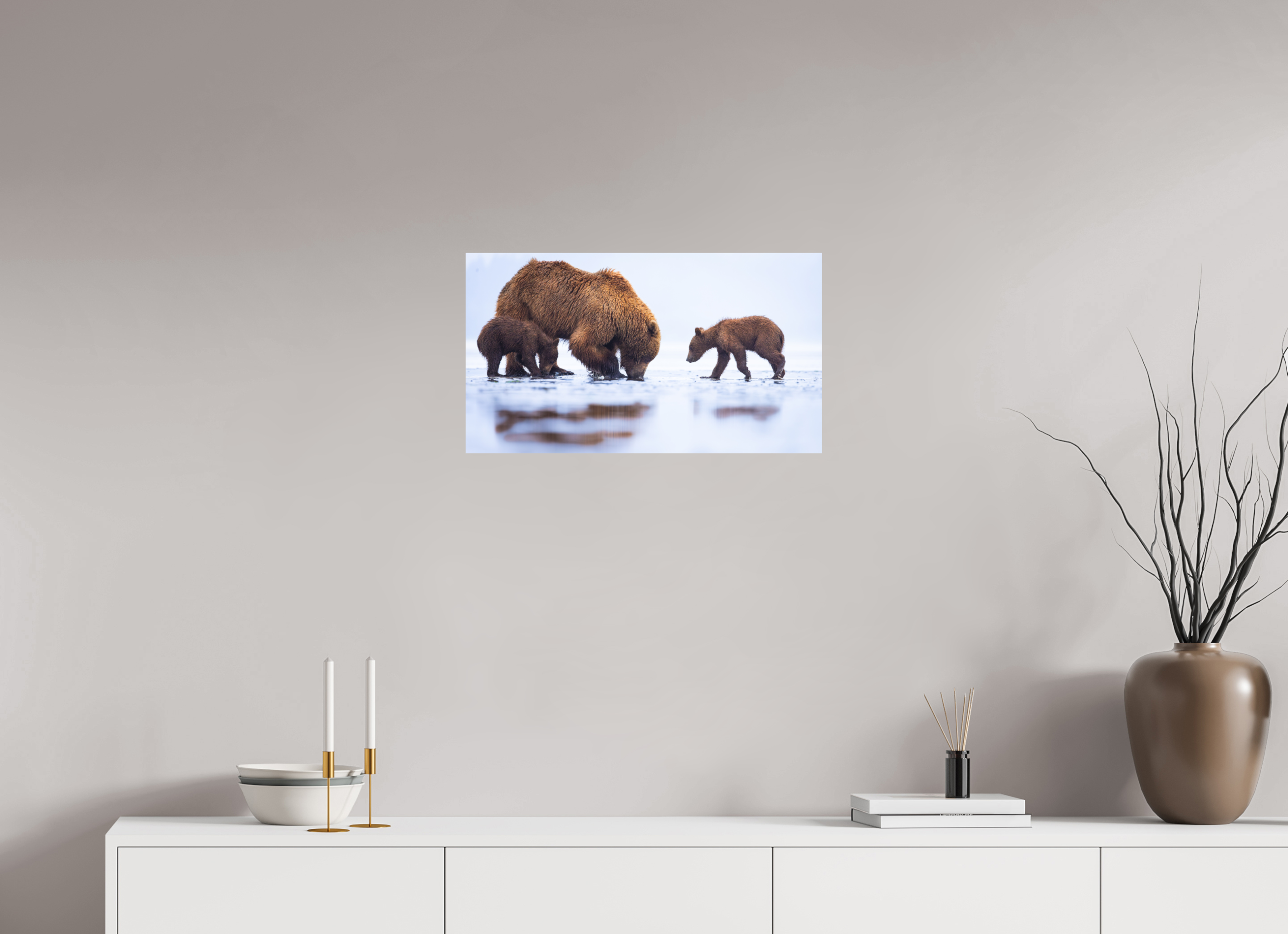 24 x 13.5″, Metal First Lesson — Brown Bear & Cubs, Lake Clark National Park, Alaska