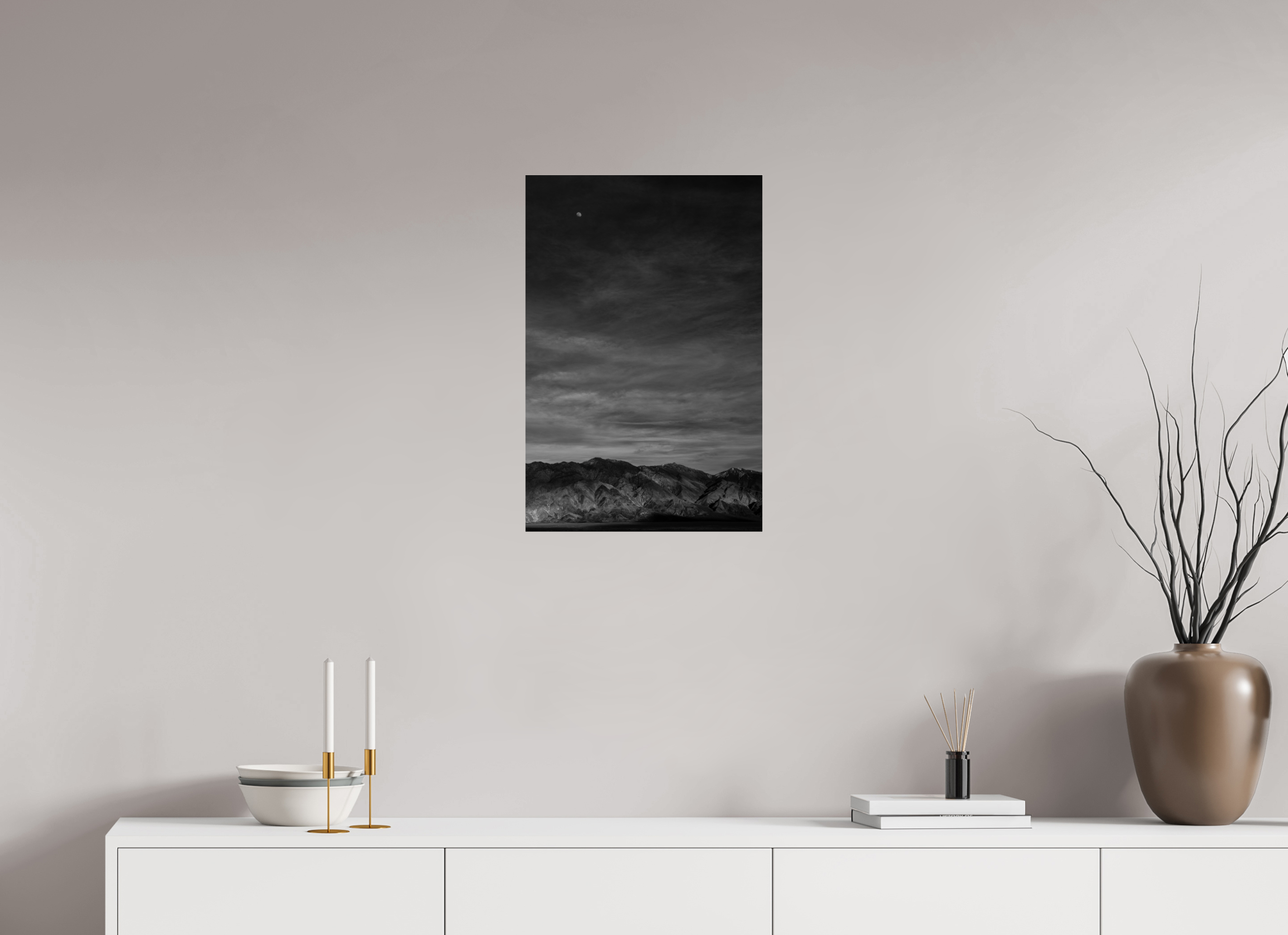 16 x 24″, acrylic Moon and Mountains, White Mountains
