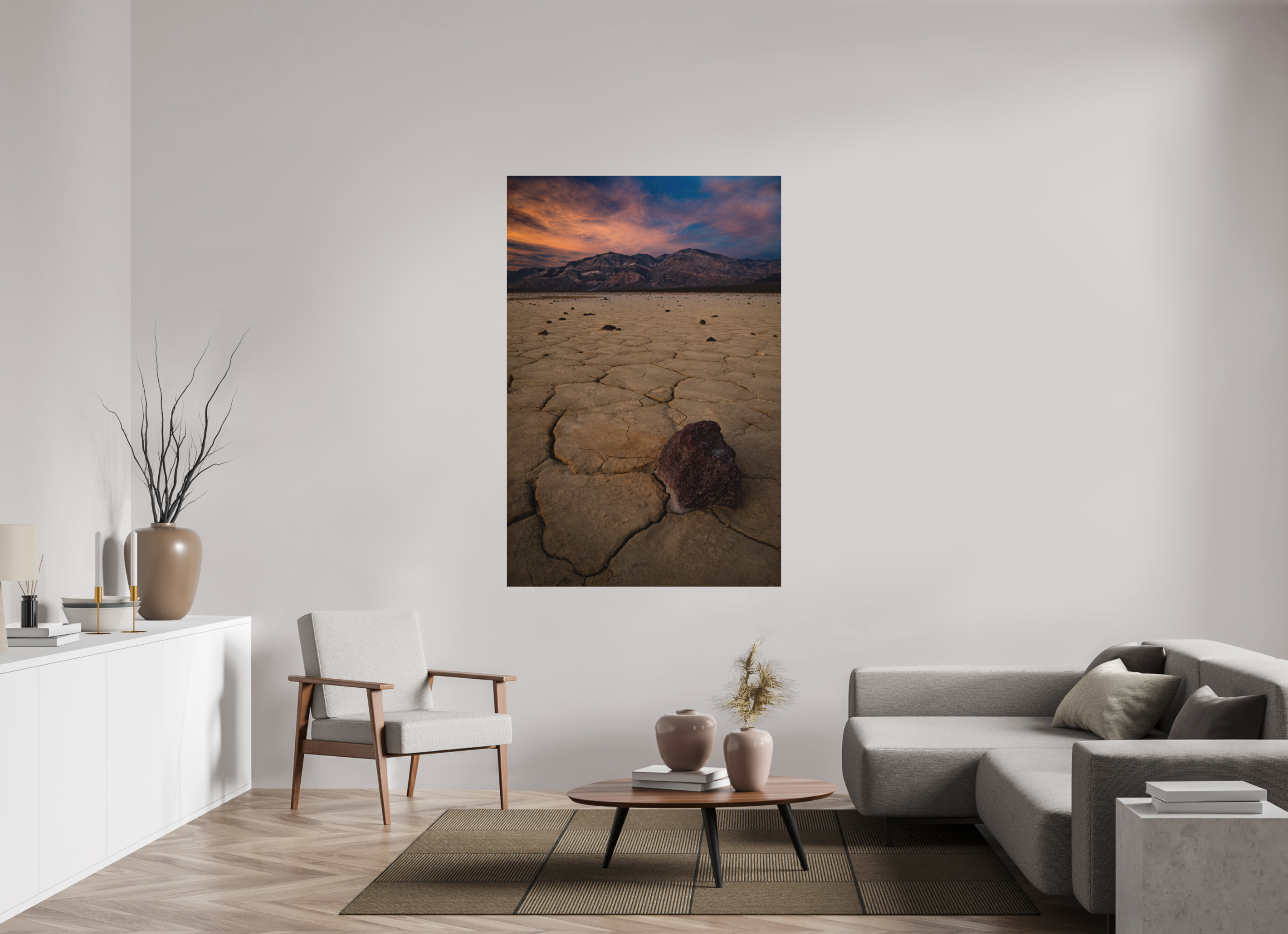 44 x 66″, Metal Cracked Earth, Panamint Valley Sunset