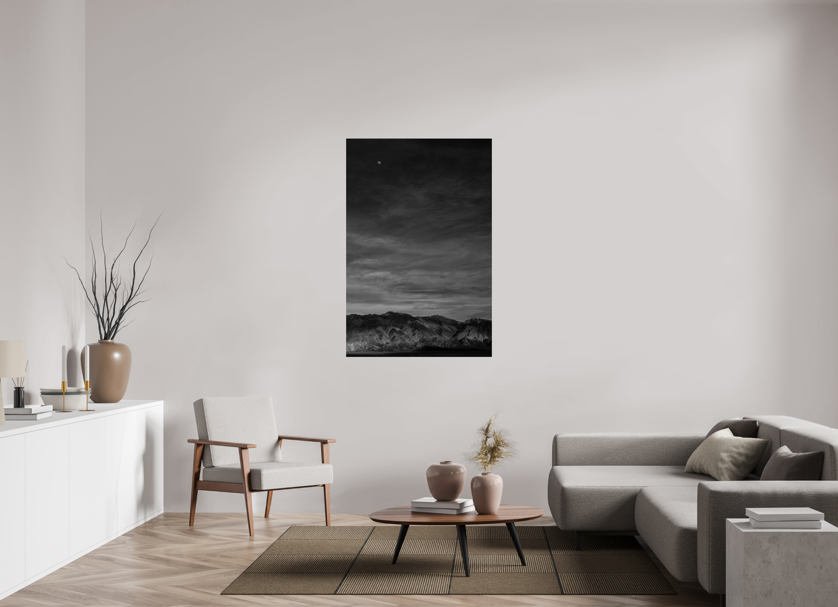 36 x 54″, acrylic Moon and Mountains, White Mountains