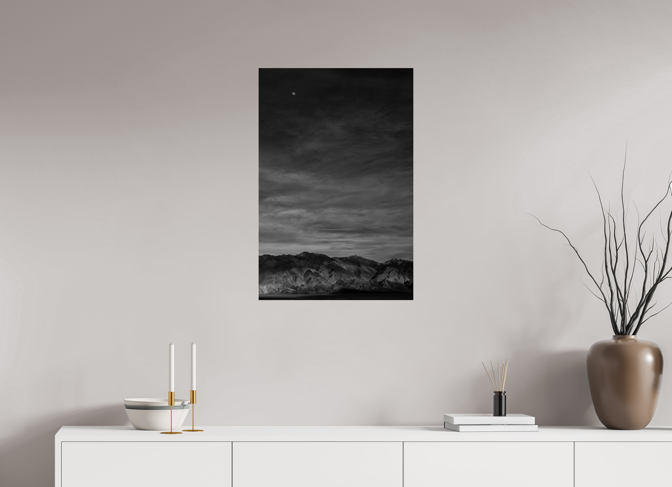 20 x 30″, acrylic Moon and Mountains, White Mountains