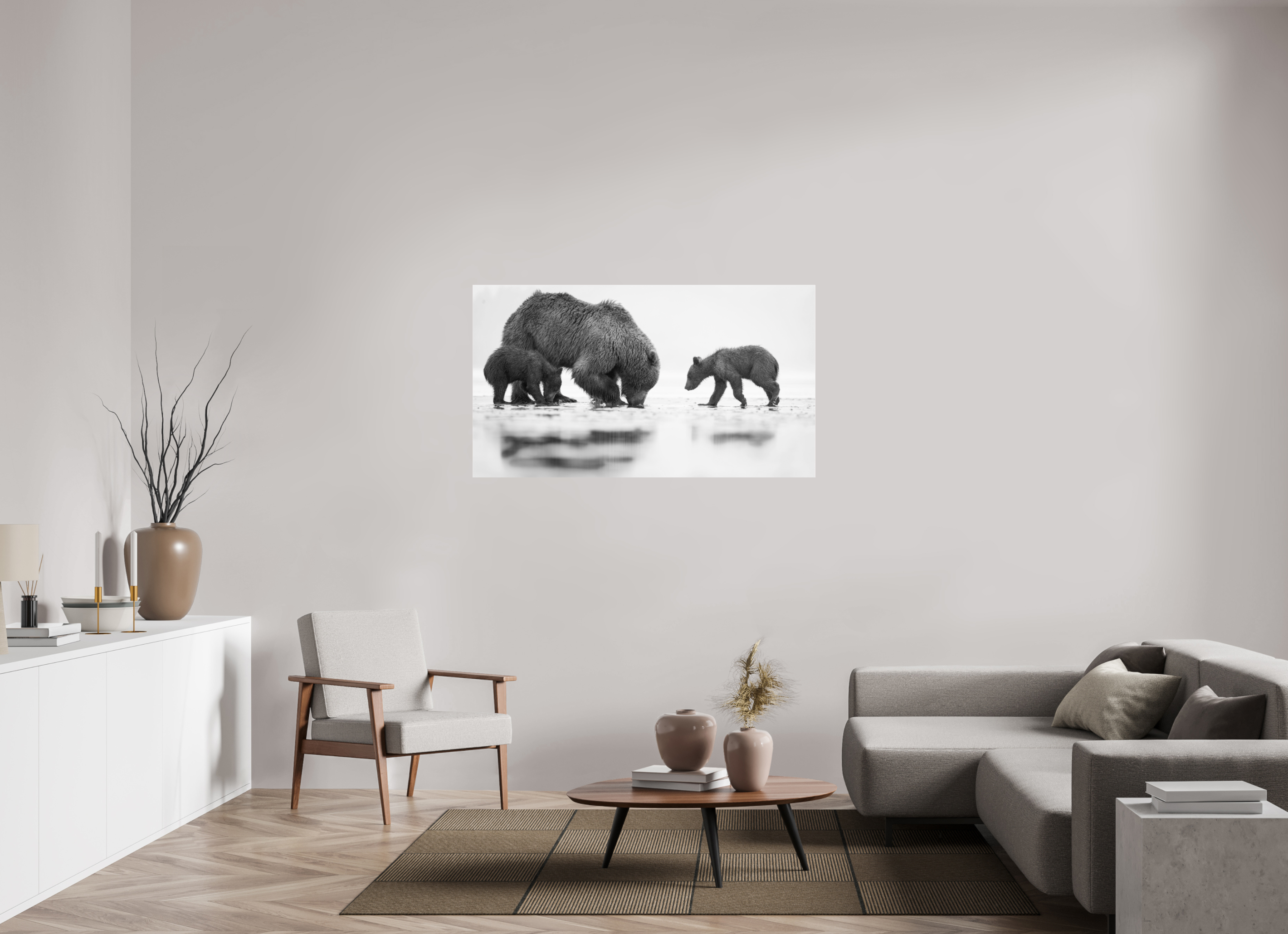 55 x 30.9″, acrylic First Lesson — Brown Bear & Cubs, Lake Clark National Park, Alaska