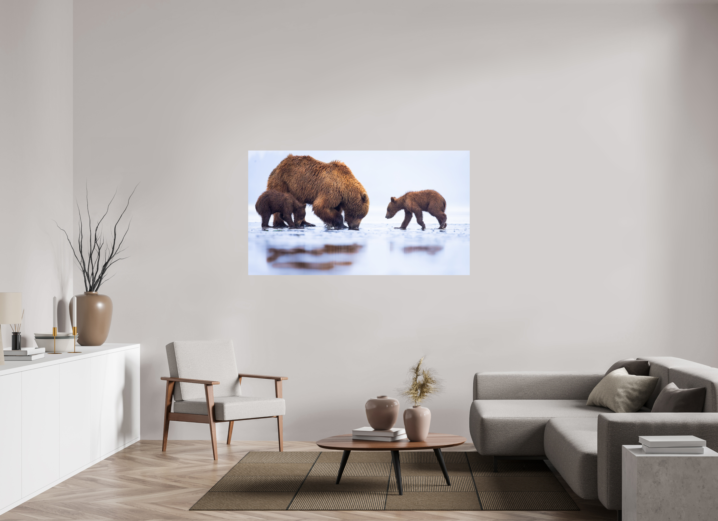 64 x 36″, Fine Art prints First Lesson — Brown Bear & Cubs, Lake Clark National Park, Alaska