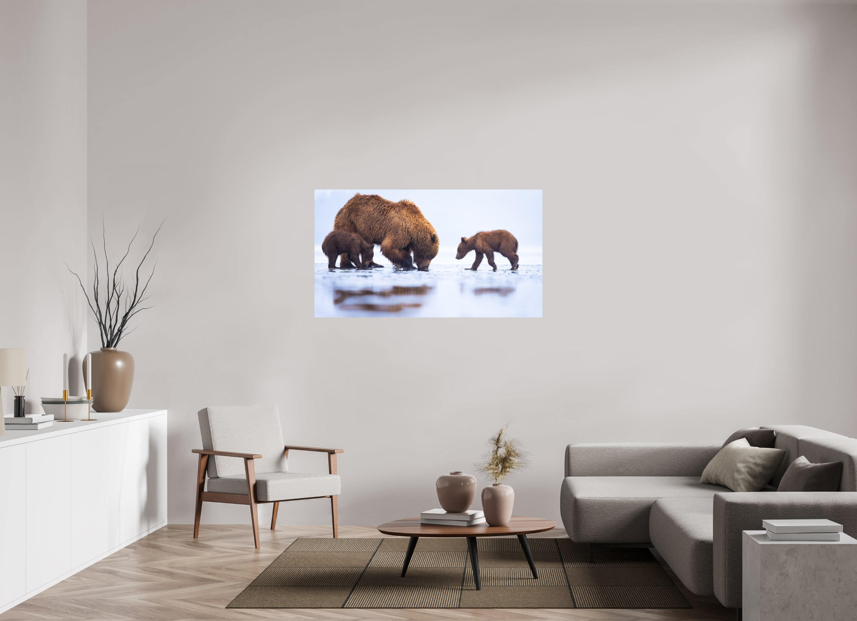 55 x 30.9″, Metal First Lesson — Brown Bear & Cubs, Lake Clark National Park, Alaska
