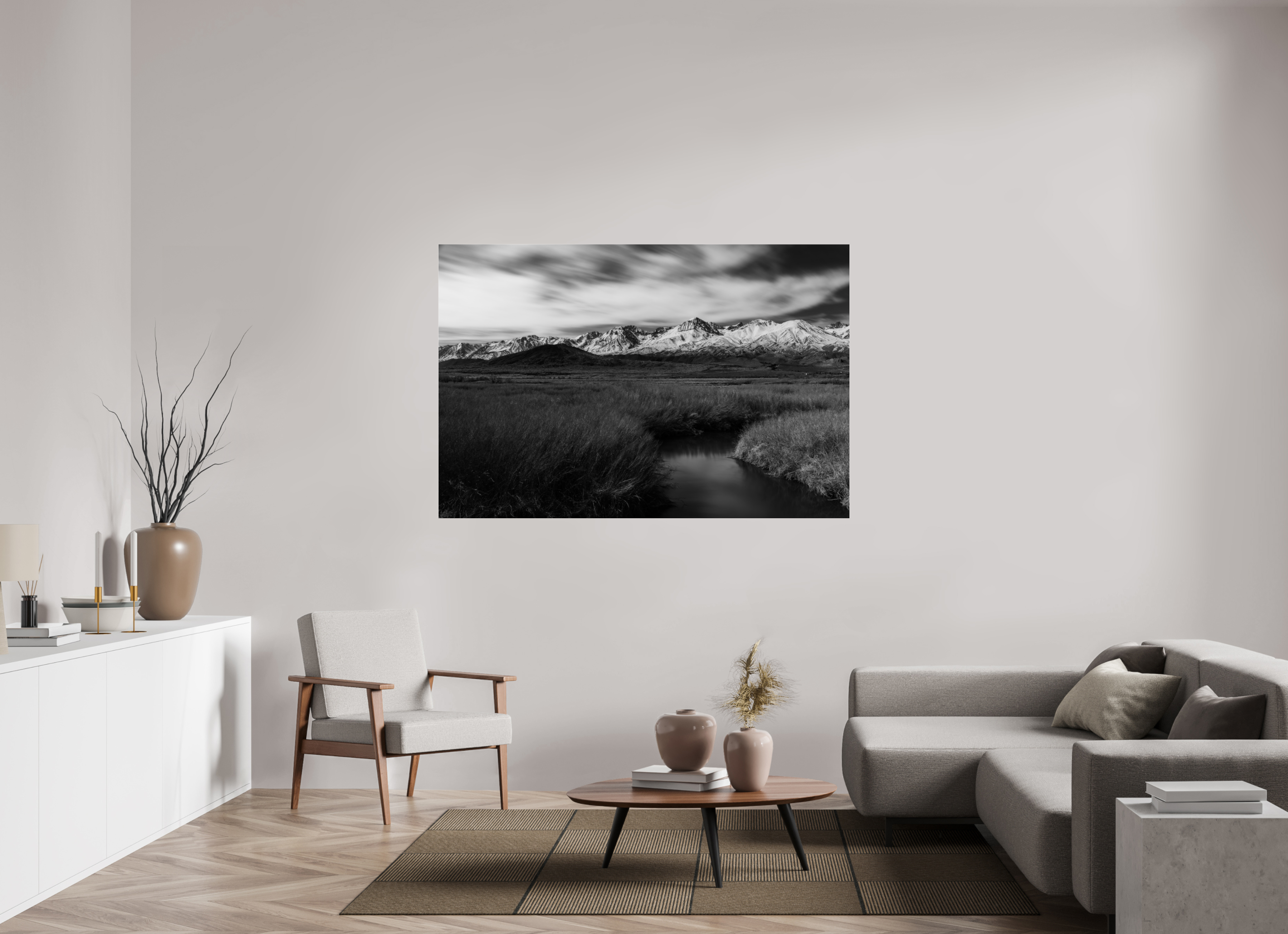 66 x 44″, acrylic Eastern Sierra in Black and White