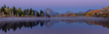 First Light Oxbow Bend panorama - Mount Moran morning mist Snake River fall aspens Grand Teton National Park